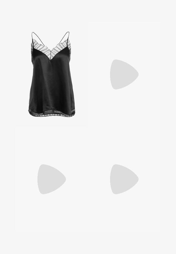 Camisole en satin noir avec un décolleté en V et une bordure en dentelle rayée transparente le long du col et de l'ourlet, avec de fines bretelles ajustables.; Pantalons larges blancs avec une taille texturée argentée, présentant un tissu lisse et un design fluide. Conviennent à diverses occasions.; Baskets dorées et noires avec une finition lisse, arborant trois rayures noires, un dispositif de fermeture Velcro, une semelle en caoutchouc et un col rembourré.; Sac fourre-tout en suede marron avec deux poignées douces, une bandoulière verticale avec un accent argenté et un large dessus ouvert. Texture lisse, design minimaliste.