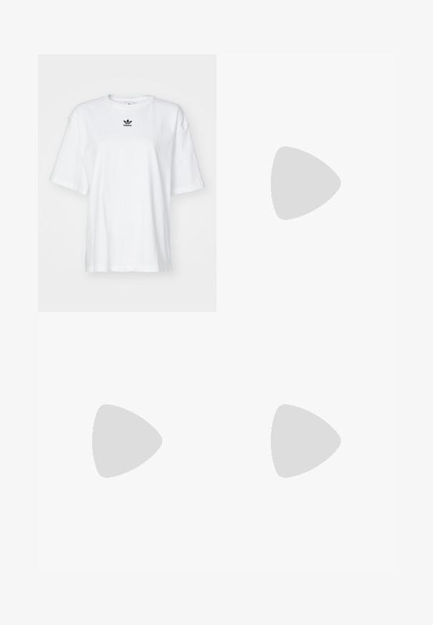 Weißes T-Shirt mit kurzen Ärmeln aus Baumwolle. Verfügt über einen Rundhalsausschnitt und ein kleines schwarzes Adidas-Logo auf der Brust. Gerader Saum.; Weite Denim-Jeans in Dunkelblau mit einem Kordelzugverschluss, Fronttaschen und einer glatten Textur. Einfache Nähte an den Säumen.; Sportschuhe mit einem Obermaterial aus weißem Leder, grauer Wildleder-Zehenkappe und drei schwarzen Streifen. Sie verfügen über ein blaues Logo auf der Zunge und eine strukturierte Gummisohle.; Schwarze, eckige Sonnenbrille mit grauen Gläsern; aus Kunststoff gefertigt, mit dicken Bügeln, die eine glatte Oberfläche und keine sichtbaren Beschläge haben.