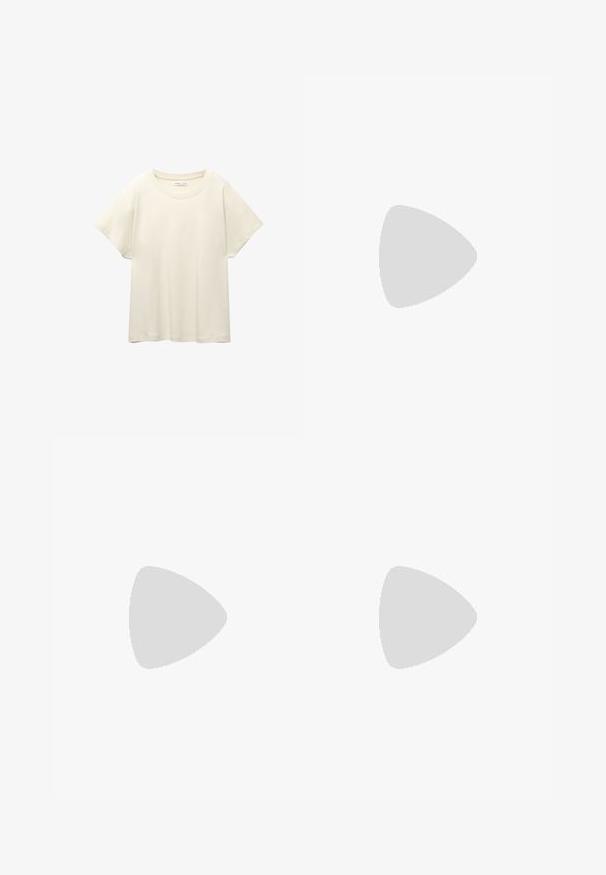 Svetle béžové tričko s krátkým rukávem a kulatým výstřihem, vyrobené z jemné, hladké tkaniny. Má uvolněný střih a rovný lem.; Hnědé široké kalhoty s hladkou texturou, vysokým pasem a předními záhyby. Materiál je lehký a volně splývá.; Hnědá kožená vysoká bota s hladkým povrchem, kulatou špičkou a minimálními švy. Podešev je plochá s nízkým podpatkem.; Světlá šedá kožená taška s U-tvarovaným designem a zakřivenou kovovou rukojetí. Hladký povrch s minimálním šitím a bez viditelných vzorů.