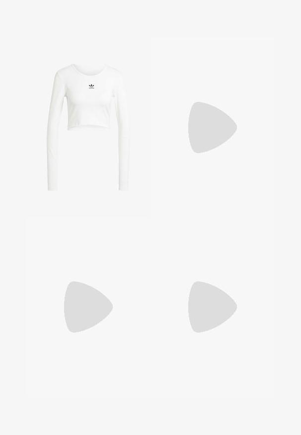 White cropped long-sleeve shirt made of ribbed cotton. Features a round neck and small black Adidas logo on the chest.; Gray athletic shorts with a soft texture, elastic waistband, and a slightly curved hem. Features small perforations for breathability.; Salomon QUEST 4 GORE TEX W - Hiking shoes - brown; Sports sunglasses with a durable black and pink design, featuring a frameless shape and clear, slightly tinted lenses. Rubber accents included.; Gray backpack with a cylindrical shape, made of fabric. Features a top zipper, blue accents, and an orange logo. Includes adjustable straps.