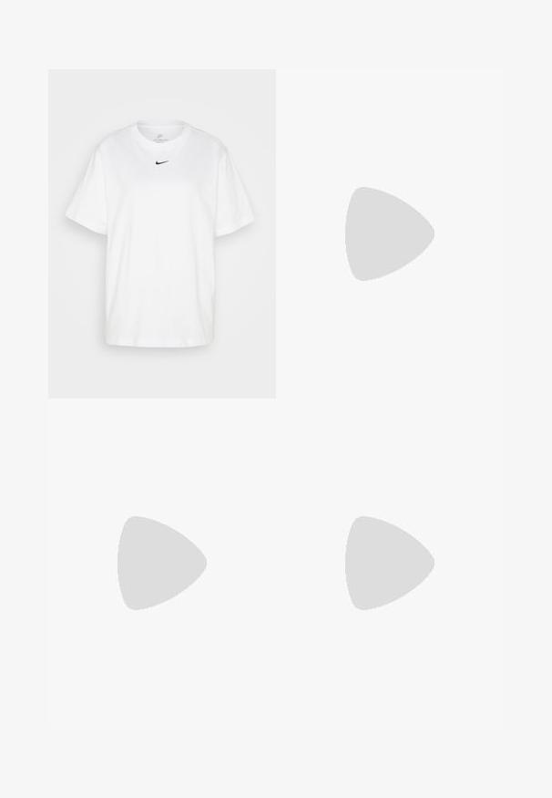 Valge puuvillane T-särk ümmarguse kaelusega, lühikeste varrukatega ja must Nike logo trükitud keskelt rinnale. Lihtne ja klassikaline disain.; Heledad sinine teksapüksid kõrge taljega, sirgete jalgadega ja klassikalise viie tasku disainiga. Omab metallist nööpi ja niite.; Beežid nubukist klotsid ümarate varvastega, reguleeritava rihmaga ja pannalaga, kork vaheosa ning tekstureeritud must kummist põhi haardumise tagamiseks.; Silmad prillid, millel on loodud hall plastikraam, kumer disain ja halli tooniga läätsed. Ühe käe peal on logo aktsent.; Punane läikiv nahast käekott kolmnurga kujuga, laia ülemise avaga ja ühe kõveriku käsitsemisega. Sile tekstuur, minimale stitching detailidega.