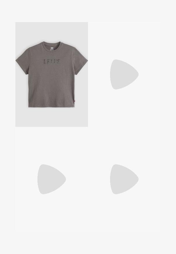 Graues Baumwoll-T-Shirt mit kurzen Ärmeln, mit "LEVI'S" in schwarzen, glitzernden Buchstaben auf der Vorderseite. Klassisches Rundhalsdesign.; Blaue High-Waist Weitbeinejeans mit vorderen aufgesetzten Taschen, Gürtelschlaufen, Knopfverschluss und Reißverschluss auf einem schlichten Hintergrund.; Schwarze Turnschuhe mit einem strukturierten Mesh-Obermaterial, Gummisohle und sichtbarer Luftpolsterung. Verfügt über Riemen und perforierte Akzente für Atmungsaktivität.; Kleine schwarz-weiß karierte Handtasche mit weicher Textur, Reißverschluss oben und einem dünnen Schulterriemen.