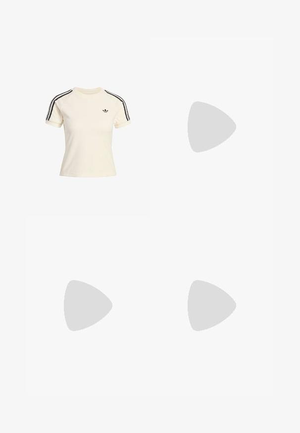 Felpa corta a maniche corte di colore crema con accenti a righe nere sulle spalle e un piccolo logo nero sul petto. Texture in morbido terry.; Pantaloni beige a gamba larga con vita elasticizzata e coulisse. Presentano strisce laterali marroni e un sottile dettaglio logo sul lato sinistro.; Stivale color crema fino al ginocchio con tacco a blocco e finitura liscia, mostrato in profilo laterale su uno sfondo neutro.; Borsa a spalla in tessuto bianco con texture arricciata, tracolla regolabile e dettagli in argento. Esibita accanto a un vestito color crema.