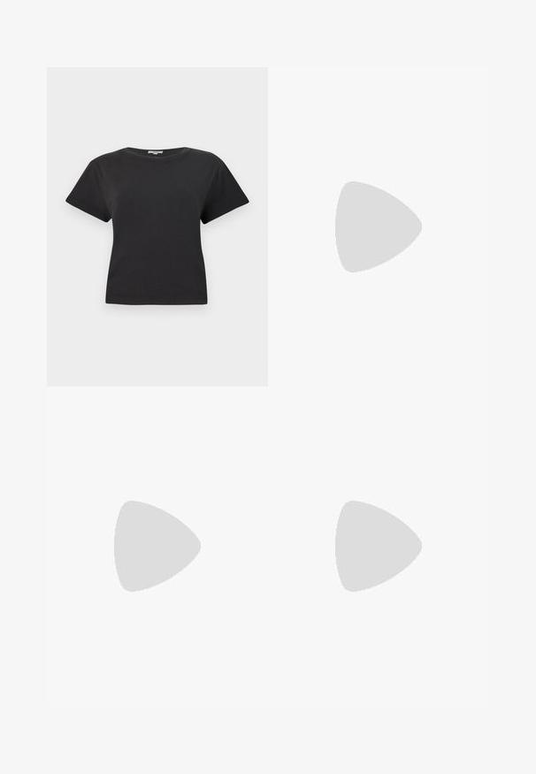 Black cotton t-shirt with short sleeves, round neckline, and a relaxed fit. No visible patterns or hardware details. Smooth texture.; Black, glossy shorts made of synthetic material. Features a fitted waist, belt loops, and front pockets with prominent stitching details.; Black patent leather high-heeled pump with a pointed toe design and a sleek silhouette. Features a smooth, shiny finish and a slender stiletto heel.; Black leather tote bag with a glossy finish, curved top, two shoulder straps, and a gold-tone hardware accent on the front.