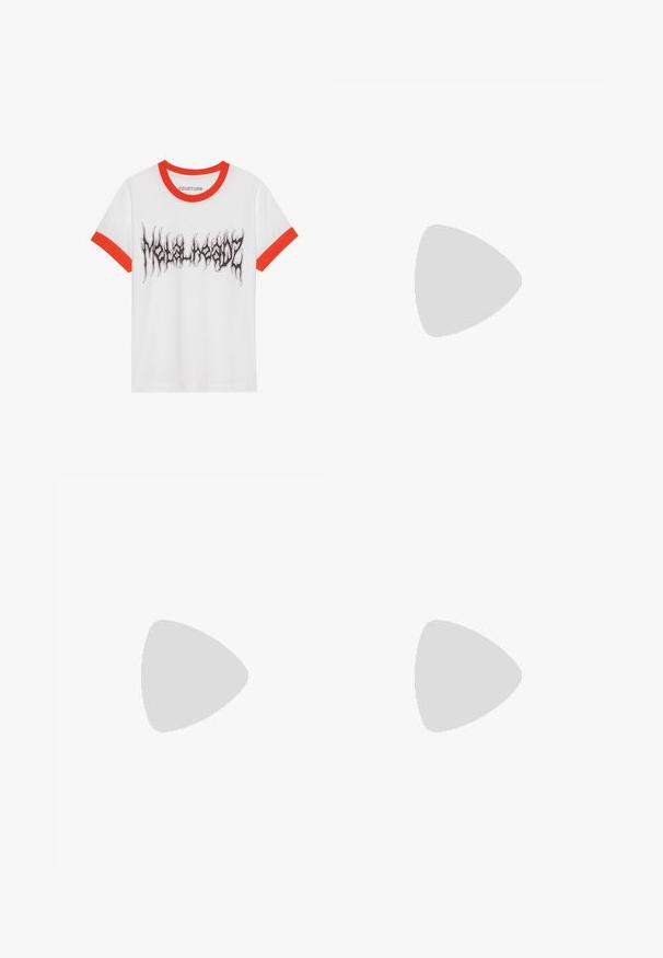 Valge puuvillane T-särk punaste ääristuste detailidega, millel on must graafiline tekstikujundus, mis ütleb "Metalheadz" leekjate sarnasuses fondis.; Mustad must spordilised lühikesed püksid, mis on valmistatud pehmest kangast ja millel on elastne vöökoht. Neil on küljetaskud ja ees on valge logo.; Valge nahast sneaker, millel on sile pind, ümar varvas ja minimalistlik disain. Omab beeže aktsente kontsas ja kummist tallat.; Mustal toilettkott Nike'ilt, millel on sile tekstuur, valge Swooshi logo, ülemine tõmblukk ja külgtasku.