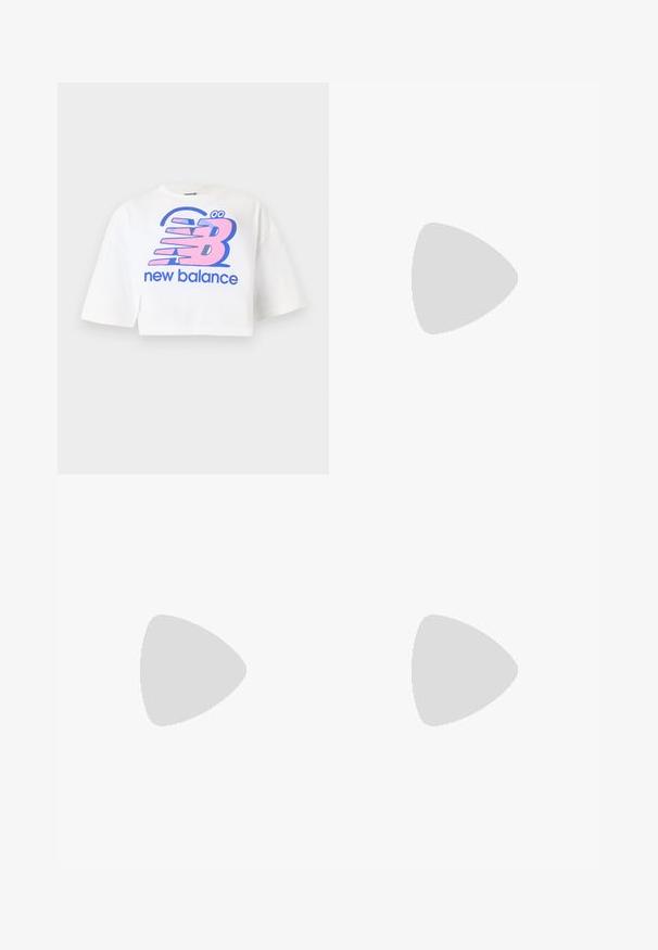 T-shirt cropped blanc en coton, arborant un grand imprimé graphique rose et bleu du logo "new balance" et des lettres stylisées.; Dsquared2 BAGGY - Short - white; Baskets de sport blanches en matériaux mesh et synthétiques, design à lacets, col rembourré et semelle texturée pour l'adhérence. Construction légère.; Sac à main beige en matériau souple, avec un design décontracté, des détails cousus et deux poignées. Idéal pour un usage quotidien.
