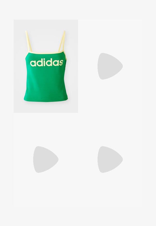Žalias kaklaraištis su geltonais akcentais, pagamintas iš tamprių medžiagų. Ant priekio didelis geltonas "adidas" logotipas ir plonos petnešėlės.; Žali sportiniai šortai su baltomis vertikaliomis juostelėmis, elastingu juosmeniu ir geltonais šonų akcentais. Yra mažas auksinis logotipas apatiniame kairiajame kampelyje.; Žali suediniai sportbačiai su baltais dryžiais. Su apvaliais raišteliais, tekstūruota liežuvėliu ir apvaliu logotipu ant liežuvėlio.; Šinšilų spalvos akinių rėmeliai su ovaliais rėmais, skaidriais lęšiais ir auksiniais akcentais. Turi lenktas šventyklas ir lygią, blizgią apdailą.