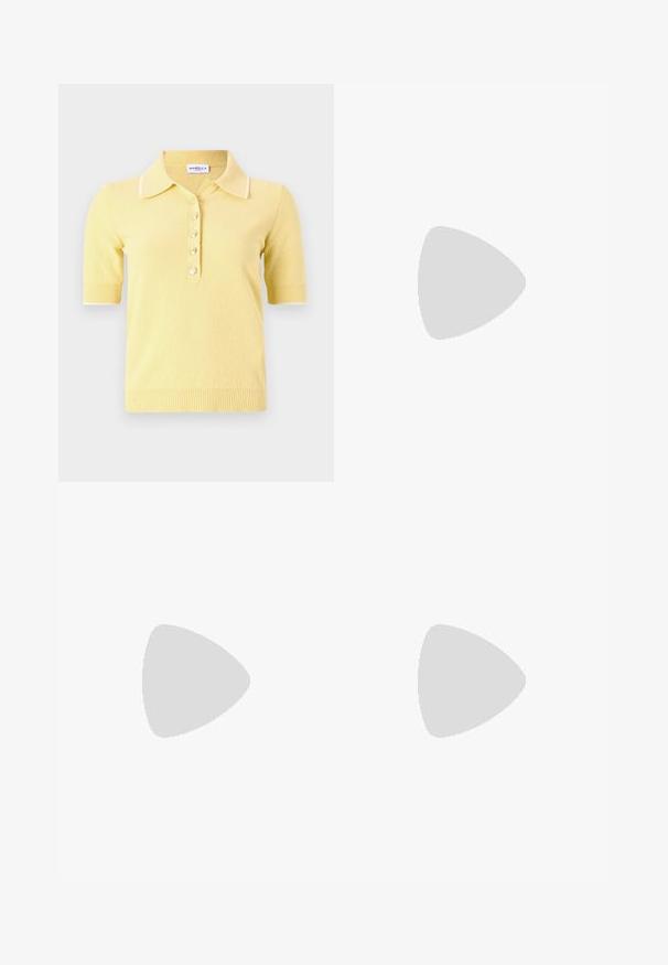 Marella DISTEL - Polo shirt - giallo; White flared jeans with a smooth cotton fabric, five pockets, a metal button closure, and belt loops. The legs have a slight finessing detail.; White leather slingback shoe with a black patent leather pointed toe. Features a block heel and cut-out design on the sides.; Tortoiseshell eyeglasses with oval lenses and a sleek, smooth finish. Features thin sides with a subtle curve at the temples. Clear lenses.