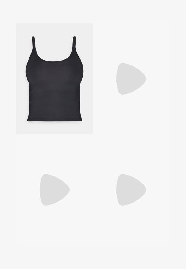Crna prilagođena majica na bazi bez rukava s tankim trakama, izrađena od glatkog materijala. Ima okrugli izrez i čiste, bešavne rubove.; ASICS Tajice - pale blue; Zadig & Voltaire AMEE WING EMBOSSED IGUANA - Sandale s visokom petom - noir; Crna torba sa teksturiranim dizajnom, ukrašena srebrnim šiljcima i debelom srebrnom lančanom remenom. Ima elegantan, minimalistički oblik.
