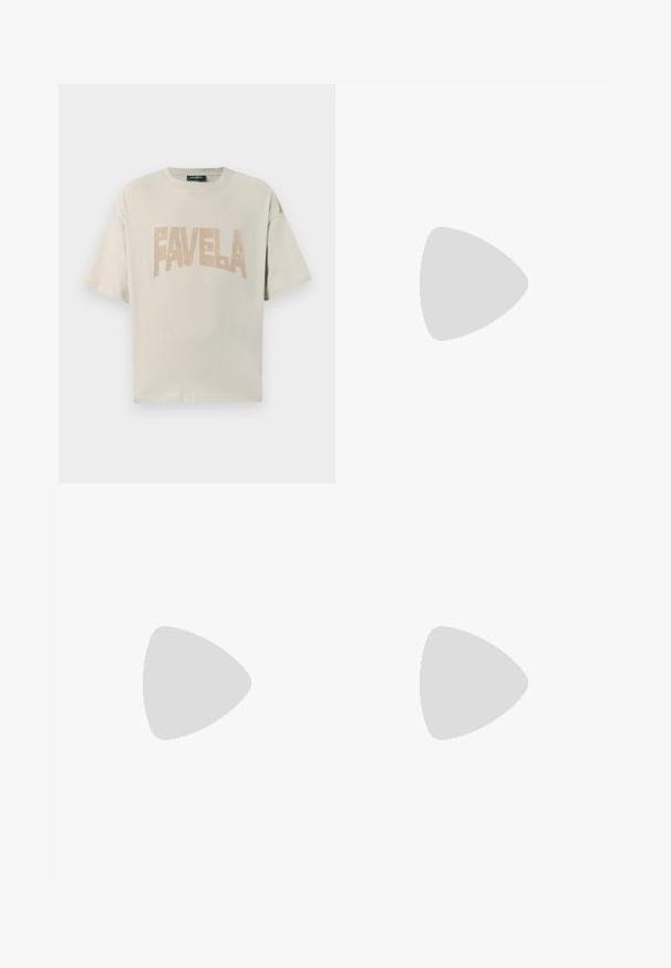 Light beige cotton t-shirt with short sleeves and a round neckline, featuring the word "FAVELA" in a contrasting tan block font.; Light blue wide-leg jeans with a classic five-pocket design, featuring a standard waistband and unfinished hem. Soft denim texture with slight fading.; Silver and black athletic shoe with a mesh and synthetic upper, voluminous design, and a textured finish. Features a padded collar and rubber sole.; Black sunglases with octagonal frame, dark lenses, glossy finish, thin temples, and gold accents on the front.