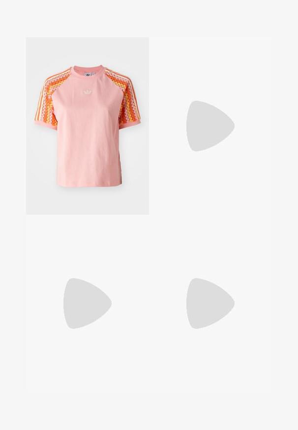 Pink cotton t-shirt with short sleeves, featuring a zigzag patterned fabric in orange and yellow on the shoulders, and an embroidered logo.; Black athletic shorts with an elastic waistband, white three-stripe accents on the sides, and a small logo on the lower hem.; Pink synthetic athletic shoes with black laces and accents, featuring a glossy finish and a prominent logo on the tongue, worn with black socks.; Aviator sunglasses featuring a gradient blue lens, silver metal frame, and decorative star accents on the lens. Smooth and sleek design.