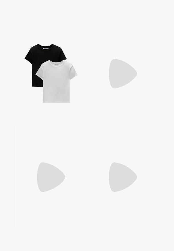 Dva majice s okruglim izrezom, u crnoj i bijeloj boji, od pamuka. Imaju kratke rukave i jednobojni dizajn bez uzoraka ili akcenta.; Bordo široke hlače napravljene od glatkog materijala, s prednjim zatvaranjem na dugme i čistim plisama za prilagođen izgled.; Sportske cipele s gornjištem od bijele kože, sivi suedinasti nos i tri crne pruge. Imaju plavi logo na jeziku i teksturiranu gumenu podlogu.; Bordo kožna torba s zakrivljenim oblikom, jednim remenom za rame i šivenim detaljima na sredini. Glatka tekstura, minimalni dodaci.