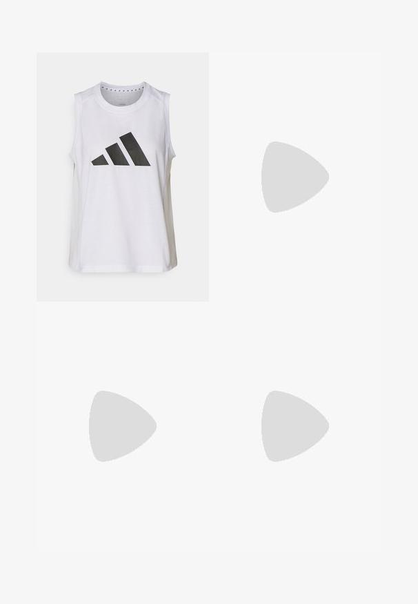 Bílý sportovní top bez rukávů s kulatým výstřihem, na přední straně s velkým černým logem Adidas složeným ze tří pruhů.; Černé sportovní šortky s pevně stahovací šňůrkou v pase, s hladkou texturou a nenápadným logem umístěným na dolní levé straně.; Olivově zelené sportovní boty s černými akcenty, silnými podrážkami a oranžovými tkaničkami. Na boku mají tři zelené pruhy a texturovanou podrážku.; Černá ramenní taška s zakřiveným designem, polstrovaným materiálem, nastavitelným popruhem a jemným logem. Obsahuje zipovou kapsu a texturované akcenty.