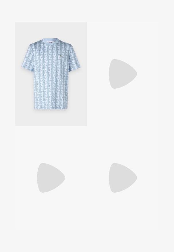 Light blue t-shirt with a geometric pattern in dark blue, round neck, short sleeves, and a small green logo on the left chest.; Navy blue shorts made from soft material, featuring an elastic waistband and side slit pockets. Minimalist design with no visible patterns.; Lacoste sneakers in dark gray with mesh and synthetic material, featuring a textured sole and brown accents on the collar and branding.; Fanny pack in dark blue tie-dye print with a zippered top, textured material, and a prominent logo detail on the front.