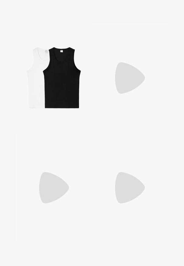 Two sleeveless tank tops: one white and one black, made of soft cotton, featuring round necklines and no visible patterns or hardware.; Light grey pants with black side panels, elastic waist with drawstring, and elastic cuffs. Made from lightweight material, featuring a logo patch.; Black and white checkered slip-on Vans shoes with a canvas upper, rubber outsole, and padded collar. Flat, round toe with white sole accents.; Black oval sunglasses with dark lenses, glossy plastic frame, and gold accent hardware on the temples.