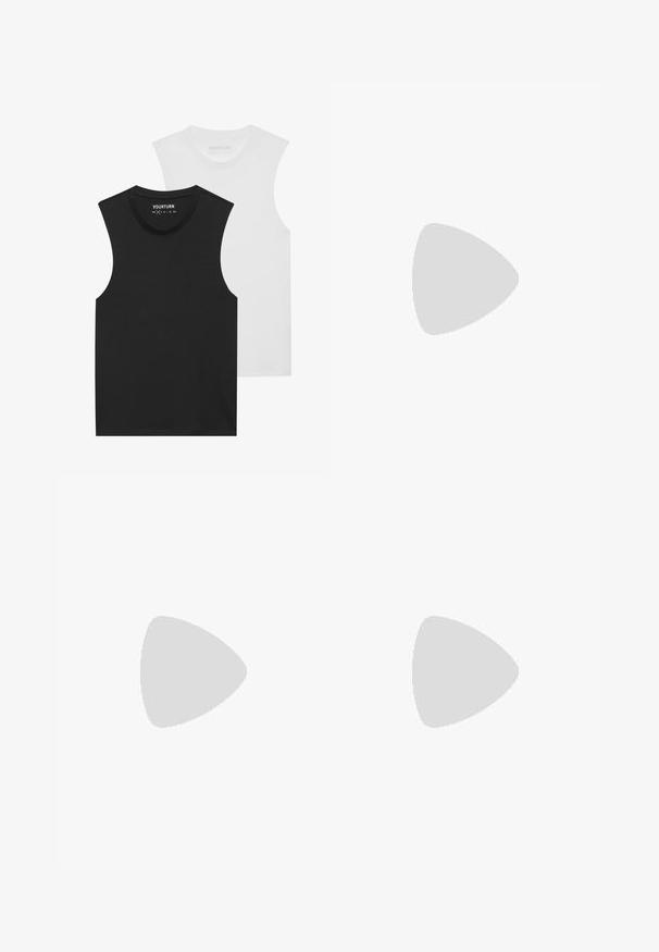 Două tricouri fără mâneci, unul negru și unul alb, cu un guler rotund și dintr-un material de bumbac moale. Fiecare are o croială dreaptă standard.; DOCKERS SMART SUPREME FLEX SKINNY - Pantaloni chino - cub; Pantof black din piele cu vârful rotund și patru găuri pentru șireturi. Are o talpă texturată și un interior portocaliu. Așezat pe un fundal galben.; Geantă dintr-un material textil negru, cu un model texturat și matlasat. Formă rotundă, mânere scurte și groase, și o structură moale, flexibilă.