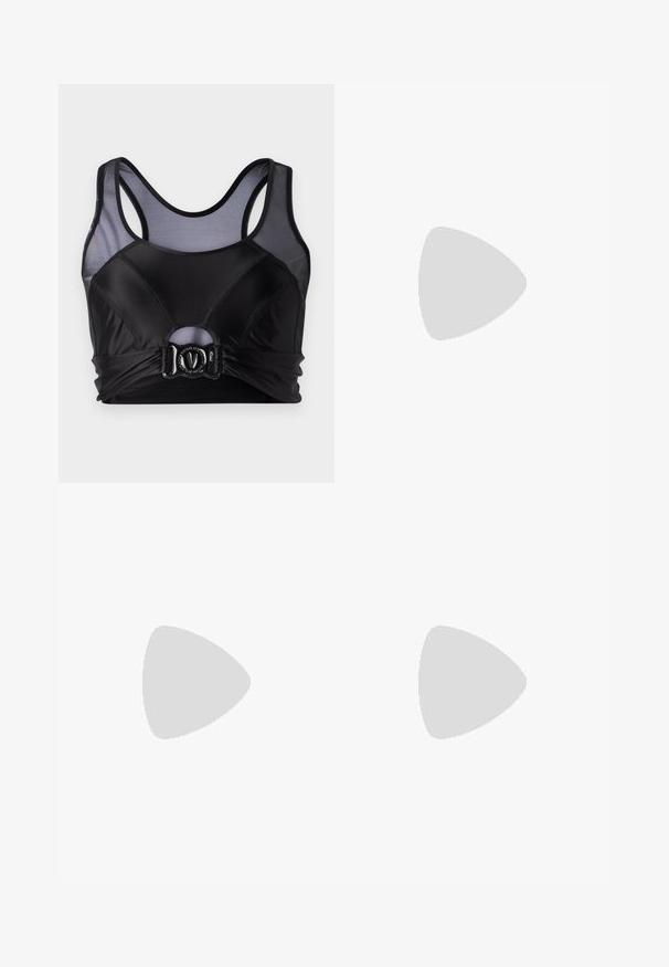 Black sports bra featuring a sleek design, mesh panels, and a front buckle closure; made from smooth, stretchy material.; Black flared jeans made of cotton blend fabric. Features a front button closure, five pockets, and a subtle logo label on the waistband.; Black leather high-heeled sandals featuring a square toe, two thin straps, and a decorative gold buckle with ornate detailing on the side.; Black cat-eye sunglasses with dark lenses, featuring gold geometric accents on the temples and a sleek matte finish.
