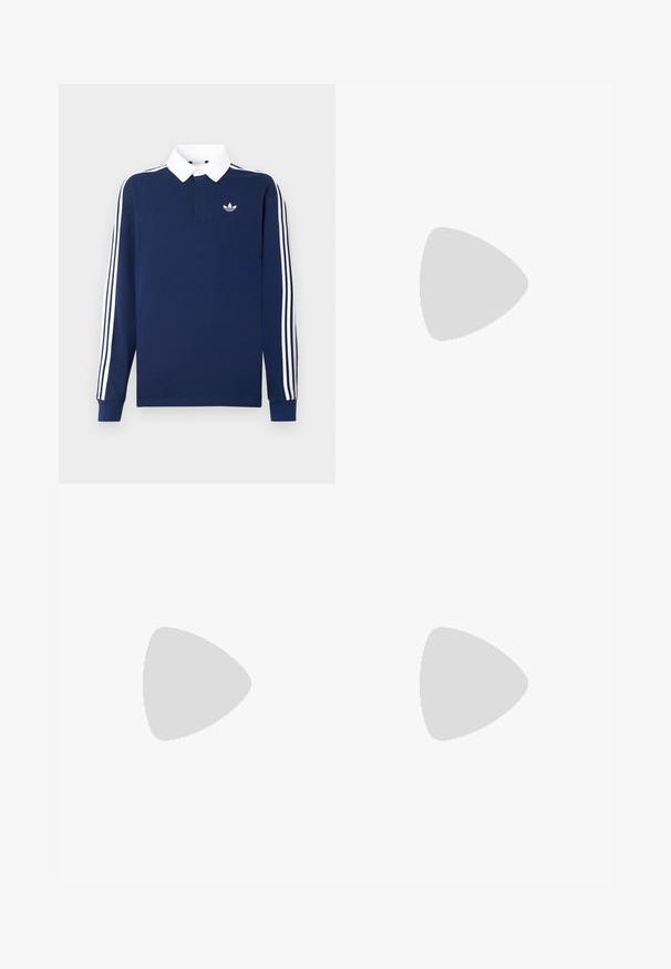 Marineblaues, langärmeliges Poloshirt aus Baumwollstoff, weißer Kragen, klassische drei weiße Streifen entlang der Ärmel, mit kleinem Logo auf der Brust.; Helleblaue Sportshorts aus glattem Material, mit einem dezenten Muster, einem elastischen Bund und bedruckten Logo-Akzenten an einem Bein.; adidas Originals ADIDAS GAZELLE SHOES - Indoor-Fußballschuhe - real madrid/bluebird/footwear white/crew yellow; Schwarze Sonnenbrille mit quadratischem Rahmen, dunklen Gläsern und einem goldenen Logoakzent am Bügel. Glattes Kunststoffmaterial mit matter Oberfläche.