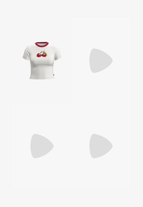 Vit kortärmad t-shirt med röd krage, prydd med en grafik av två körsbär och ett grönt blad. Mjukt bomullsmaterial.; Röda, lätta shorts med elastisk midja. De har en lös, utsvängd design och veckat tyg för en avslappnad passform.; Beige mockakskor med spetsig tå, liten klack och accent av guldfärgad metall. Slät textur med minimalistiska designelement.; Vinröd läderhandväska med en böjd form, en enkel axelrem och sömnadsdetaljer i mitten. Slät textur, minimal hårdvara.