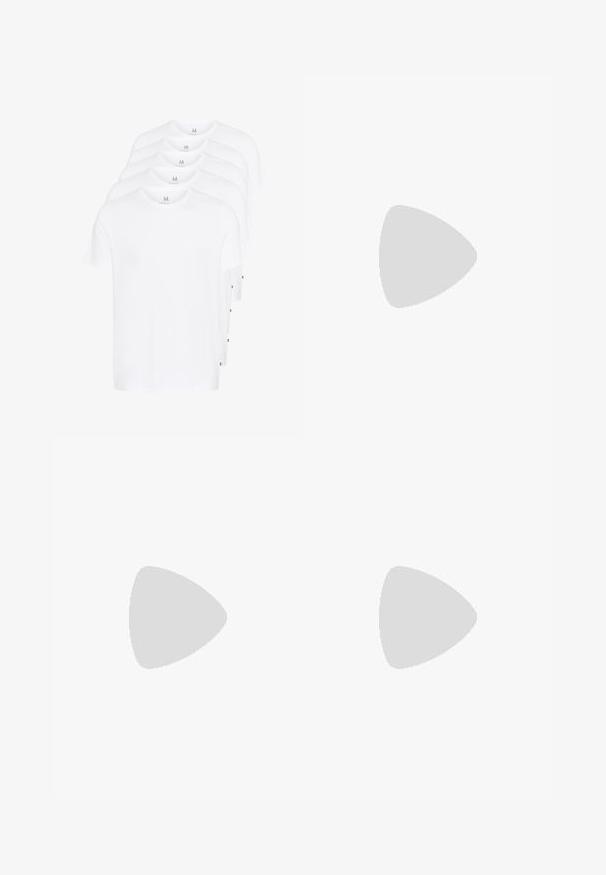 Bílé trička s krátkým rukávem poskládaná, vyrobená z bavlny. Mají kulatý výstřih a rovný střih. Tkanina vypadá hladce, bez vzorů.; Černé upravené kalhoty s úzkým střihem, s předním zipem, zapínáním na knoflík a ohrnutými lemy. Hladká látka s lesklým povrchem.; Bílé šněrovací tenisky, které se vznášejí nad dřevěnou lavicí, s zeleným listím v pozadí, předvádějící design a strukturu boty.; Černé a stříbrné sluneční brýle ve tvaru kočičích očí, se stupňovitými skly a kovovými detaily na rámu. Plastové nožičky s šedými konci.