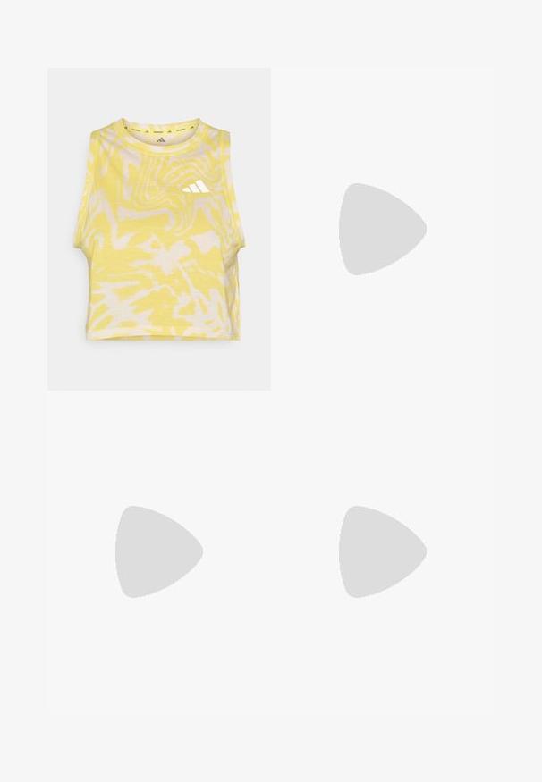 Gul ærmeløs crop top med abstrakt hvidt mønster, rund halsudskæring og diskret logo-detail i hvidt foran. Blødt stof.; Sorte tætsiddende shorts lavet af strækbart materiale, med en bred talje og diskret logo detalje på siden. Glat overfladetextur.; Letvægts sportssko med en cremefarvet mesh-overdel, grå striber, en grøn detalje og en struktureret blå hælkappe. Sorte snørebånd.; Sort atletisk pandebånd med en glat overflade, buet form og elastisk top. Har et lille hvidt Adidas-logo på siden.