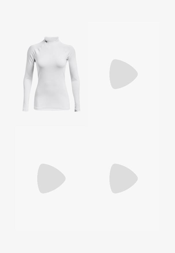 Wit sportshirt met lange mouwen en een hoge hals, gemaakt van soepel, rekbaar materiaal; heeft raglanmouwen en een klein zwart logo.; Zwarte sportshorts met een brede tailleband, waarop de tekst "TERREX" en een Adidas-logo is weergegeven. Gecombineerd met witte schoenen met oranje accenten.; Witte hardloopschoen met een bovenwerk van mesh, voorzien van lichtblauwe accenten en een dikke zool. Opvallende gele details op de zool en de hielhengsels.; Zwarte Oakley wraparound zonnebril met donkere rechthoekige glazen en gebogen armen op een eenvoudige witte achtergrond.