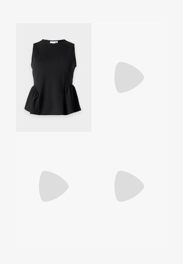 Black sleeveless top with a round neckline and gathered peplum side detail, made from smooth, stretchy fabric. Simple, clean design.; Light blue wide-leg trousers with vertical pleats, crafted from smooth fabric, featuring a high waist and straight seam detailing.; Black leather slingback heels with a pointed toe, small kitten heel, and a decorative knot detail on the front. Smooth texture throughout.; Gray ribbed crop top and olive green high-waisted skirt. Model holds a white shoulder bag with cut-out detailing. Simple design, fitted silhouette.
