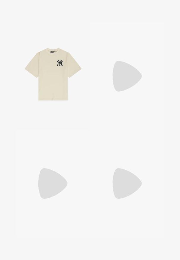 Beige short-sleeve t-shirt with a textured ribbed design. Features a black New York Yankees logo on the left chest area.; Wide-leg blue denim jeans with a faded wash, five pockets, and a button closure. Smooth texture with subtle fading at the knees.; adidas Originals TAEKWONDO MEI - Slip-ons - preloved brown/cream white; Carrera Sunglasses - gold-coloured/black