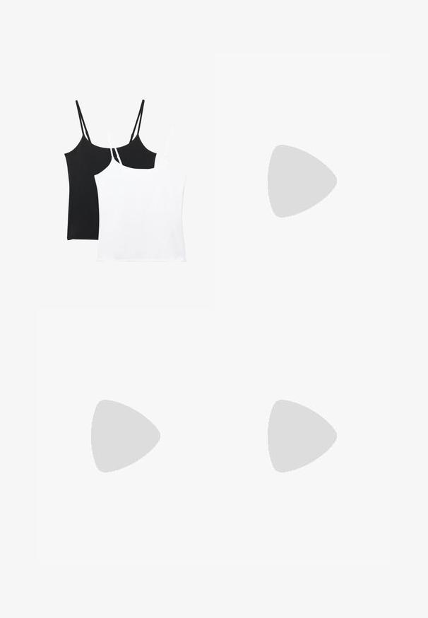 Twee camisoles in zwart en wit; elke heeft dunne verstelbare bandjes, een gladde textuur en een eenvoudig, recht gesneden ontwerp.; Zwarte sportieve shorts met een brede ribbel tailleband, voorzien van een gladde textuur en zonder zichtbare patronen of hardwaredetails.; Witte leren sneaker met geperforeerde teenbox, gestructureerde zool en witte veters, gecombineerd met wijde rode broeken en een blauw-geel achtergrond.; Bruine zonnebril met een gouden metalen frame, rechthoekige lenzen en pootjes met een schildpadpatroon.; Eternityring in gepolijst zilver met een rij ronde, heldere cubic zirconia stenen in klauwen gezet, met een continu ontwerp.