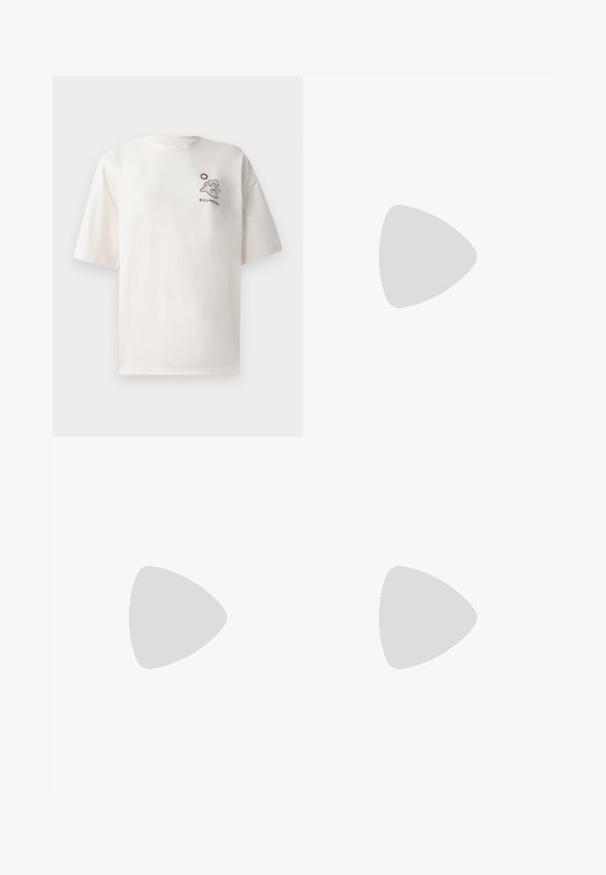 T-shirt de algodão creme com mangas curtas, apresentando um gráfico de uma onda e sol, e o texto "BILLABONG" na frente.; Calças de veludo cotelê verdes com um design de perna larga, cintura elástica e detalhe de cordão. Ridges verticais no tecido criam textura.; Sapato de salto alto slingback prateado com bico fino, acabamento metálico, duas correias decorativas e um salto esbelto com ponta preta.; Bolsa de couro preta com forma curva, alça destacável e detalhes em dourado. A bolsa possui uma aba com detalhe de fivela.