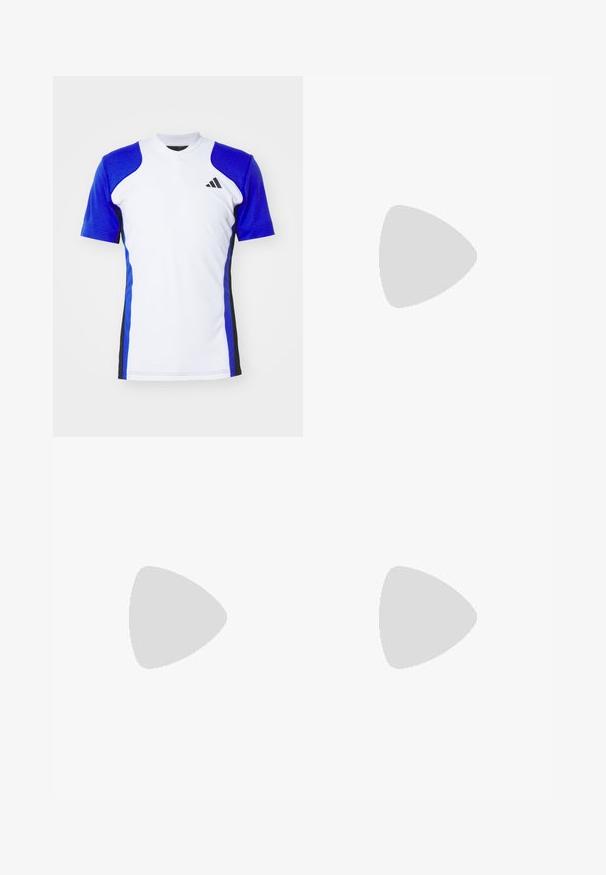 Kurzes Sportshirt in Weiß mit blauen Ärmeln, ausgestattet mit schwarzen seitlichen Akzenten und einem kleinen schwarzen Logo auf der Brust. Glatte Stoffoberfläche.; Dunkelblaue TECHFIT Sportshorts mit körpernahem Schnitt, elastischem Bund mit weißem Branding und glattem, dehnbarem Stoff.; Leichte Laufschuhe in hellblau mit schwarzen Streifen. Sie verfügen über ein glattes Obermaterial, eine runde Zehenpartie und eine dicke weiße Zwischensohle, die mit "LIGHTSTRIKE PRO" beschriftet ist.; Blautonige Wraparound-Sonnenbrillen mit sportlichem Design, die auf einem strukturierten schwarzen Etui mit metallischem Logoakzent ruhen.