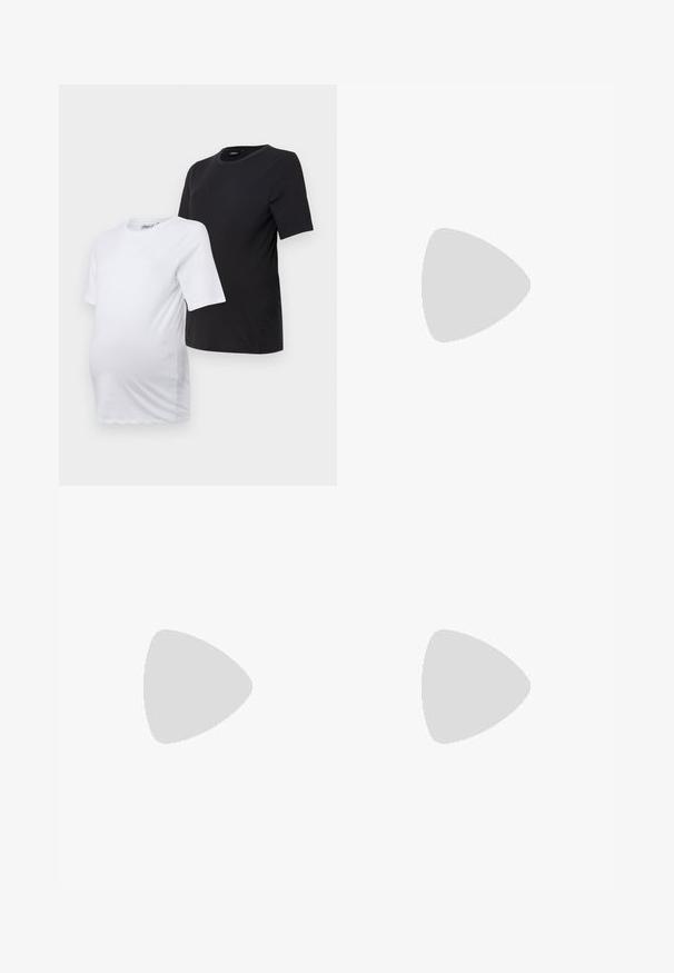 Deux t-shirts de maternité à manches courtes : un en blanc et un en noir. Les deux présentent un col rond et un tissu en coton doux et lisse pour le confort.; Jupe de maternité en bleu marine, confectionnée dans un tissu doux et extensible. Elle dispose d'une taille haute et d'un design évasé.; Escarpin en cuir verni noir à talon haut, avec un bout pointu, une bride réglable à la cheville et des côtés ouverts. Texture lisse.; Sac à main structuré blanc avec de courtes poignées et une bandoulière, doté de accents en métal doré et d'un matériau texturé, présenté sur un fond gris.; Ensemble de cinq bagues en argent aux designs variés, comprenant une bague ornée d'une rangée de pierres claires. Fini en métal lisse et réfléchissant.