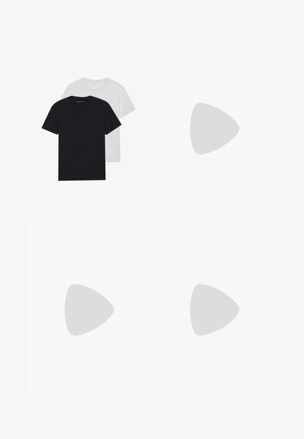 Melnbalti crew-neck T-krekli, īsām piedurknēm, izgatavoti no kokvilnas auduma, ar gludu tekstūru, ar zīmolu uz apkakles.; Melni kokvilnas bikses ar brīvu piegriezumu un nelielu stiepšanos. Ietver klasisku piecu kabatu dizainu un smalku tekstūru, valkātas ar pelēkiem sporta apaviem.; Melni ādas loafers ar noapaļotu pirkstu, viegli uzvelkami, un biezu gumijas zoli ar teksturētu saķeri. Pacelta papēža un diskrētas šuvju detaļas.; Melnas taisnstūra saulesbrilles ar tumšiem stikliem, kuras iezīmē bieza rāmja konstrukcija, diskrēti akcenti sānos, un nav redzamu logo ārpus zīmola nosaukuma.; Gaišbēšā krāsā auduma soma ar divām izturīgām rokturiem, kontrastējošu balto apdari un melno logotipu "THE NORTH FACE" priekšpusē.; Sudraba nerūsējošā tērauda kvarca pulkstenis ar melnu taisnstūra seju, kas aprīkota ar analogajām rādītājiem, digitālo displeju un ūdensizturības norādi.