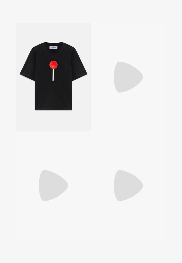 Black short-sleeve t-shirt with red lollipop graphic centered, white stick below, and Fiorucci brand label inside the collar.; Flared denim jeans in light blue, featuring red strawberry embroidery throughout. High-waisted with traditional five-pocket design.; Black leather slingback shoe with a pointed toe, decorative straps featuring metal eyelets, and a low block heel. Textured surface.; White handbag with a rounded shape, featuring a textured surface of silver studs. It has a thin shoulder strap and a sleek closure.