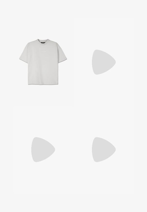 Short-sleeve, light grey t-shirt in cotton blend with a crew neck. Features a subtle embossed logo on the front. Relaxed fit.; Black athletic shorts with an inner lining, featuring an elastic waistband, smooth texture, and a reflective logo on the side.; White athletic shoes with black stripes and branding, featuring a mesh upper, rounded toe, and thick cream sole for cushioning.; White sunglasses with brown lenses, oval shape, made of smooth plastic, featuring gray accents on the arms and a logo on the frame.