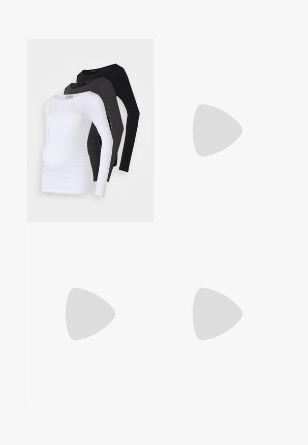 Tre magliette premaman a maniche lunghe in bianco, carbone e nero. Realizzate in un morbido tessuto con una finitura liscia e dettagli arricciati sui lati per il comfort.; Gonna midi a coste marrone con vita elastica, caratterizzata da una silhouette aderente e una texture liscia. Non sono visibili motivi o accenti distintivi.; Mocassini in pelle nera con punta arrotondata, dotati di un dettaglio frangiato e una fascia decorativa sulla parte anteriore, poggiati su un tacco spesso.; Borsa tote in pelle nera con superficie testurizzata, finiture dorate e due manici arrotondati. Presenta una chiusura sicura e un branding minimale.