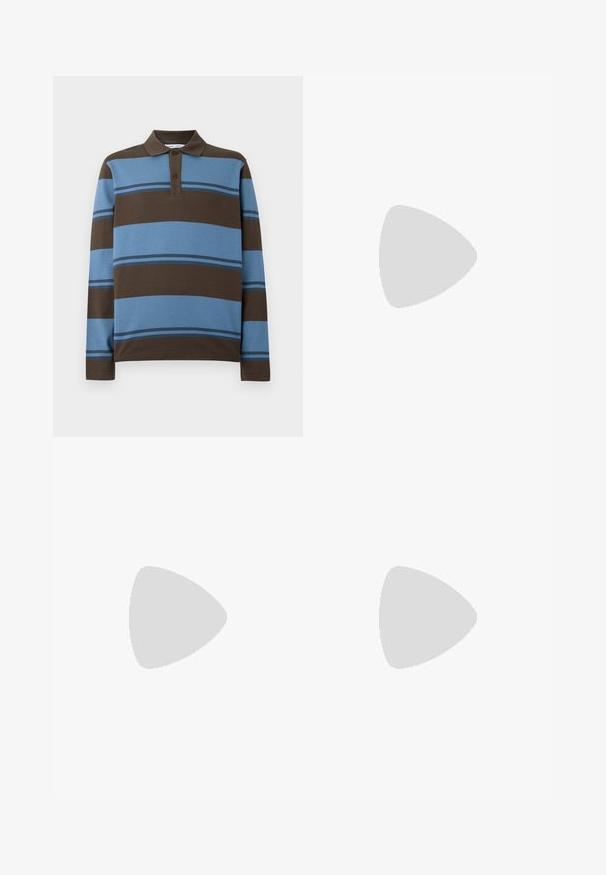 Polo shirt featuring long sleeves, brown and light blue horizontal stripes, with a three-button placket and a ribbed collar.; Black linen pants with a loose fit, featuring an elastic waistband and straight legs. Smooth texture, no visible patterns or accents.; Black leather loafers feature a raised seam, two decorative straps on the upper, and a thick textured sole for added grip.; Denim tote bag in dark blue with two vertical white "SAM SøE" text logos. Features wide handles and a simple, unstructured design.