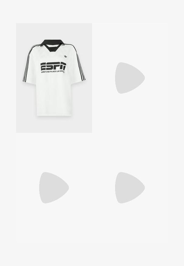 White short-sleeve shirt featuring a black collar, three black stripes on sleeves, and bold black text that reads "ESPN" and "HERE'S NO PLACE LIKE SPOTS."; Light green cotton knee-length skirt with two side cargo pockets, a button closure, and a relaxed straight fit. Plain texture.; White sneakers with black stripes and beige suede accents. Feature a textured gum sole and flat white laces, worn with light-colored socks.; Black rectangular glasses with clear lenses. Glossy finish, narrow arms, and purple tint visible at the edges of the lenses.