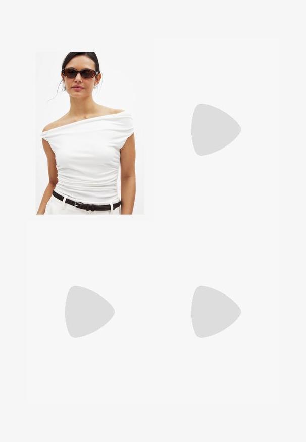 White off-shoulder top with ruched detailing, paired with black belt. Model wears brown-tinted sunglasses and silver earrings. Smooth texture.; White midi skirt with an elasticated waistband, featuring a gathered design for a flowing silhouette, made of lightweight, smooth fabric.; Brown leather slide sandals featuring a wide strap with a gold buckle accent and a textured pattern, set on a flat black sole.; Light gray leather bag with a U-shaped design and a curved metallic handle. Smooth texture with minimal stitching and no visible patterns.