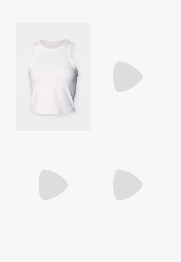 Valkoinen ilman hihoja crop-top, joka on valmistettu sileästä ja joustavasta kankaasta. Siinä on pyöristetty pääntie ja hienovaraiset ompeluyksityiskohdat reunojen kohdalla.; Beige shortsit, joissa on joustava vyötärö, punaiset nauhakoristeet ja sivutaskut. Sileä kangas ja muotoiltu leikkaus, sopii rentoon käyttöön.; Valkoinen juoksukenkä poluille, jossa on verkko- ja synteettinen yläosa, teksturoituja yksityiskohtia, kumipohja ja Salomon-logot sivuilla.; Valkoiset aurinkolasit ruskeilla linsseillä, soikea muoto, valmistettu sileästä muovista, jossa on harmaita yksityiskohtia varsissa ja logo kehysosassa.
