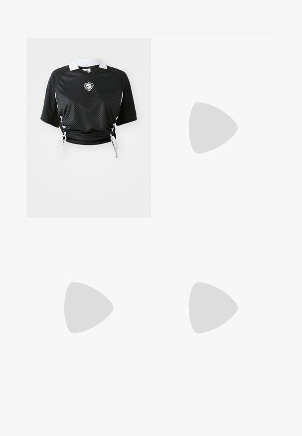 Black cropped sports shirt with short sleeves, white collar, checkered pattern, adjustable drawstring hem, and logo on the chest.; Black athletic shorts with a checkered pattern, elastic waistband, and white side stripes. Features a logo on the front left.; High-top black canvas sneaker with white eyelets, laces, and rubber sole. Features a textured toe cap and black and white stripe accents.; Zebra-patterned denim handbag with a curved shape, dark blue and light blue tones, featuring a detachable strap and silver zipper.