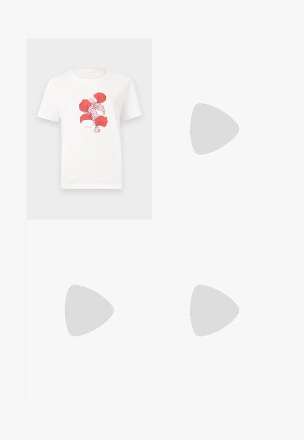 White cotton t-shirt featuring a printed design of red leaves with fine lines. Includes text "TOM TAILOR" below the graphic.; Black wide-leg pants made of a lightweight fabric, featuring a front button closure and belt loops. Smooth texture with no visible patterns.; Black patent leather slingback heels with a pointed toe, a rounded cutout design, and a block heel. Features a gold-tone buckle accent.; Large straw tote bag with a textured, beige exterior and two wide handles. Features a leather accent strap for closure.