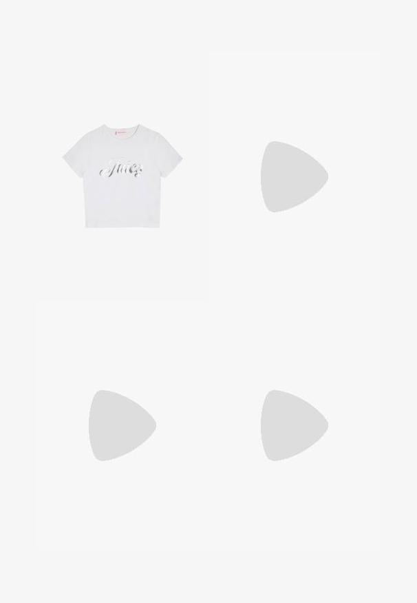 Vit bomulls t-shirt med korta ärmar, som har en skinande silverfärgad "Juicy"-logotyp i kursiv stil över framsidan. Enkel och avslappnad design.; Grön plisserad kjol med en texturerad midja. Har vita detaljer vid fållen och en liten logotyp från varumärket på midjan.; Rosa lackläder slingback-klackar med spetsig tå, dekorativ rosett framtill och en smal stilettklack. Slät textur.; Svart läderhandväska med en böjd form, avtagbar rem och guldiga detaljer. Väskan har ett lock med en spänndetalj.