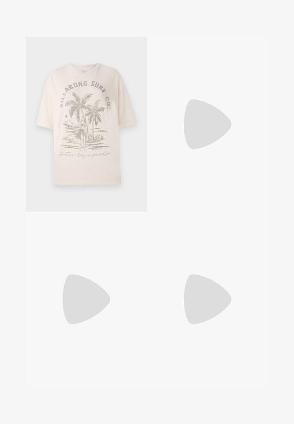 T-shirt en coton beige clair à manches courtes, avec un graphique de palmiers et une figure sur le devant, le texte indique "Encore un jour au paradis."; Pantalons à jambe large avec des rayures verticales dans des teintes de rose, orange et marron. Les motifs comprennent des designs floraux et géométriques.; Baskets en toile rose clair au design plat, avec des semelles en caoutchouc couleur crème et des œillets dorés, lacées à l'avant.; Sac fourre-tout en paille tissée beige avec garniture en cuir blanc, double poignées en chaîne dorée et forme rectangulaire. La surface présente un motif texturé.