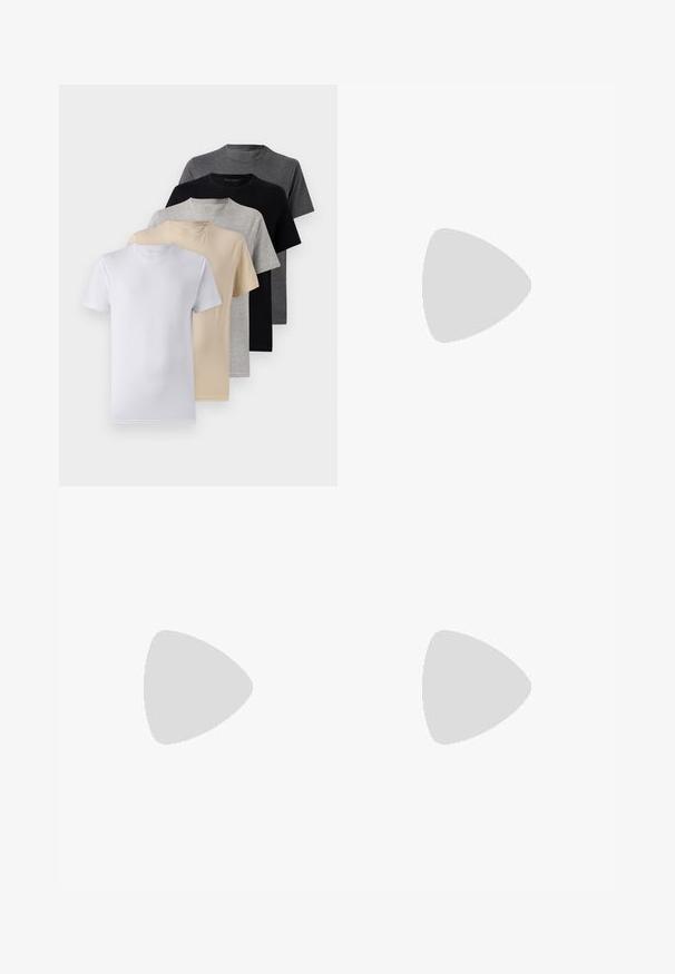 Sett med fem kortermede t-skjorter i hvit, beige, lys grå, mørk grå og svart. Laget av glatt bomull, med rund hals design.; Svarte, tvättade, rette jeaner med front- og baklommer, beltehemper og knappelukking i livet.; Svart og hvit atletisk sko med glatt skinnoverdel, teksturert såle og kontrasterende detaljer. Har en logo på siden og snøringer.; Brune plastik solbriller med mørke linser, rund form og smalnende arme. Bemærkelsesværdig udsmykning på templerne.