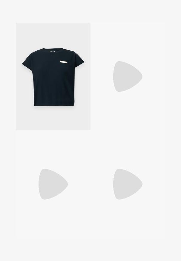 Black ribbed short-sleeve top with a round neck, featuring a small white label on the chest, made from soft cotton-like fabric.; DSQUARED2 ICON ICON - Tracksuit bottoms - white; Emporio Armani Sandals - blue; Small black glossy leather drawstring pouch with short handles on a light gray background.