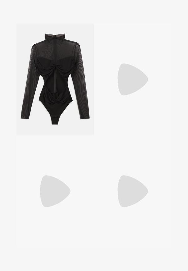 Black bodysuit with long sheer mesh sleeves, high collar, draped front detail, and a fitted bodice. Fastens at the base with snaps.; Pleated maxi skirt in beige with black leopard print. Features a black waistband, soft texture, and flowing design.; Black pointed-toe high heel shoe with a crocodile-skin texture, featuring a sleek design, high stiletto heel, and smooth black interior.; Black leather handbag with a curved design, featuring silver studs, a buckle, and two side pockets. Adjustable strap for carrying options.