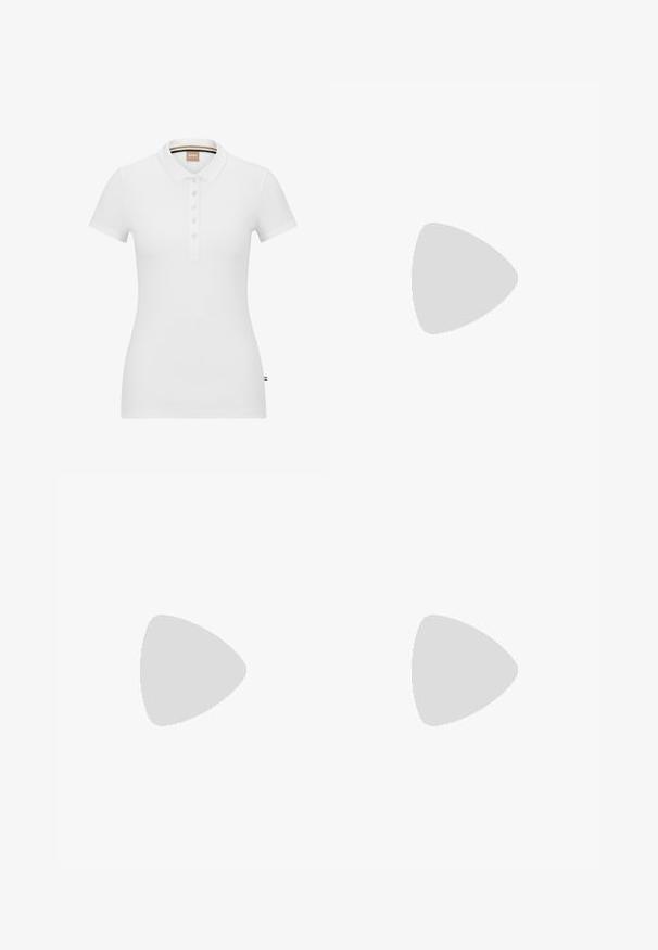 White polo shirt made of cotton, featuring short sleeves, a collar, and a button placket. Subtle brand logo stitched on the chest.; Denim skirt in light blue with a straight cut, featuring five pockets, belt loops, and a front button closure, with visible stitching details.; Black leather slingback heels with a pointed toe, featuring a slim heel and a gold-tone accent on the adjustable strap. Smooth texture.; Black leather handbag with a structured design, featuring a cropped shape, top handle, and gold hardware accent. Adjustable shoulder strap included.