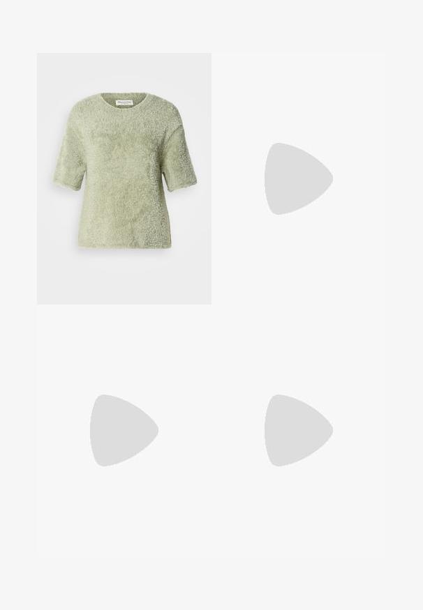 Short-sleeve, fuzzy pullover in light green. Soft texture, crew neck, relaxed fit, with a slightly loose silhouette and no visible hardware.; Black wide-leg trousers with a smooth texture, high waist, and a clean design. No visible pockets or embellishments.; Black leather loafers with a smooth finish, featuring a decorative strap, round toe, and textured sole. Worn with a long black leather skirt.; Gold hoop earrings with a textured, irregular shape. Features a seamless closure and a polished surface finish, emphasizing a modern design.