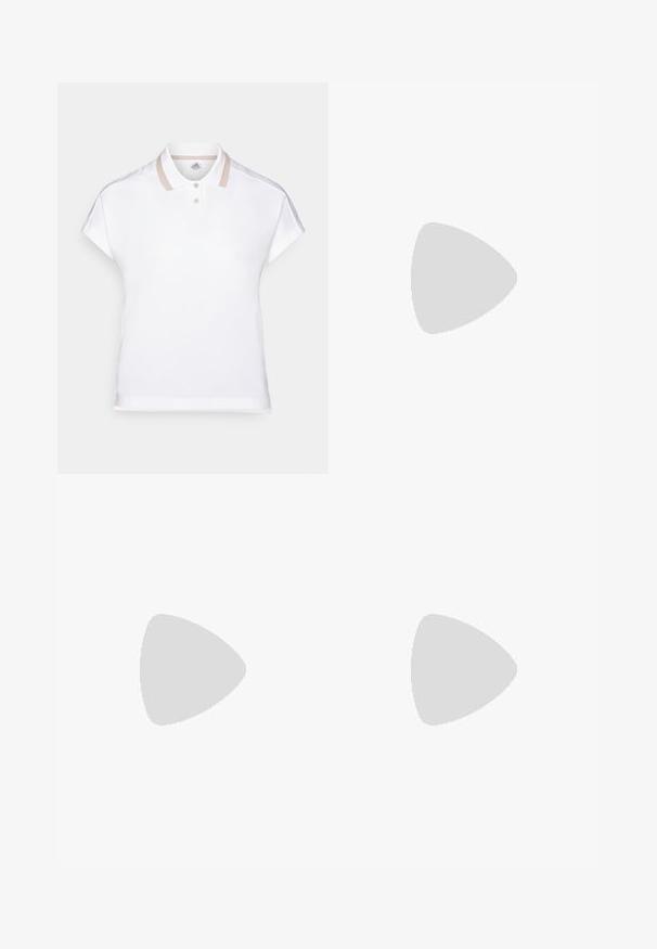 Fehér, rövid ujjú, slim fit pólóing, világos bézs gallérral és két gombos kivágással. Simább anyagból készült.; Világoskék sport szoknya széles derékpánttal, redős kialakítással és kis logóval a jobb alsó oldalon. Puha szövettextúra.; Világos rózsaszín sportcipők bézs hálós felsőrészsel, barna bőrkiegészítőkkel, fekete talppal és három csíkos logóval. Kerek orr és fűzős kialakítás.; Barna bőr kézitáska, félhold alakú, cipzáras záródással és aranyszínű logó címkével. A pántja állítható és levehető.